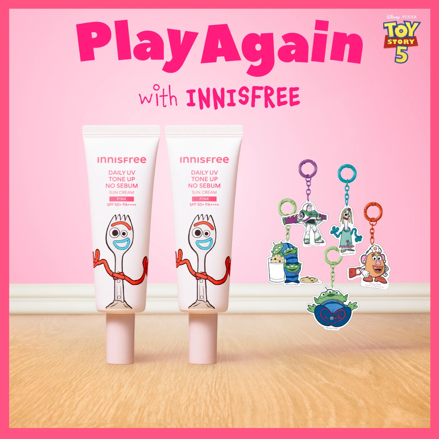 Innisfree Toy Story Edition Daily UV Tone-Up No-Sebum Sun Cream Pink Pack with Keyring